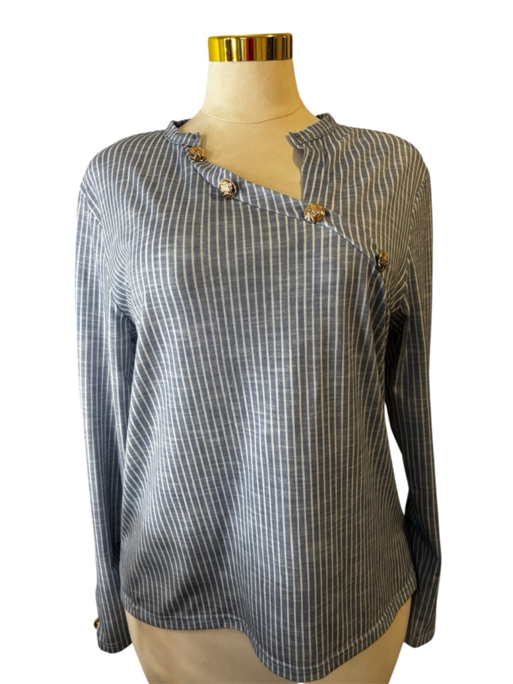 Asymmetric Gold Button Blouse XL Blue White Stripe Nautical Tunic Top LS